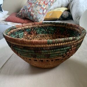 African Coiled Grass Basket Handwoven Bowl Hausa Tribal Art 11” Wide 6" Tall
